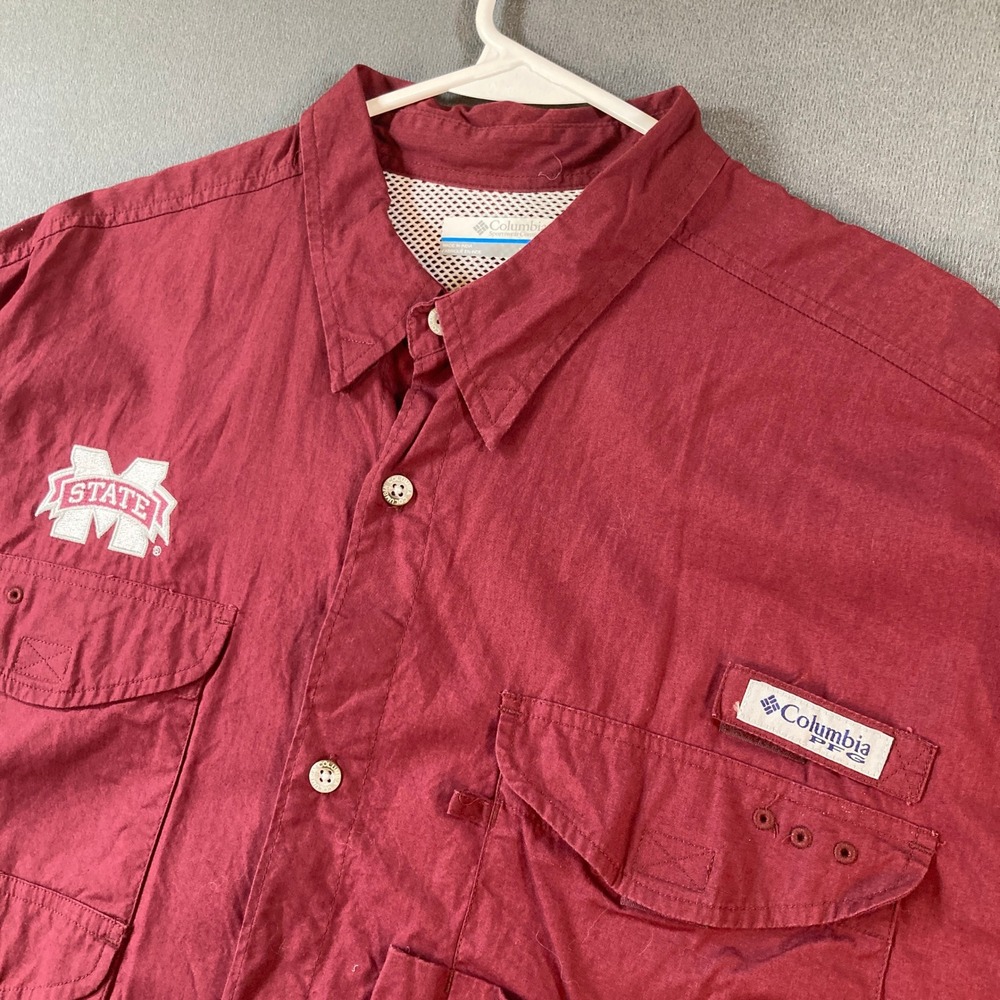 Columbia PFG Men XL Mississippi State Bulldogs Fishing Shirt Maroon Short Sleeve